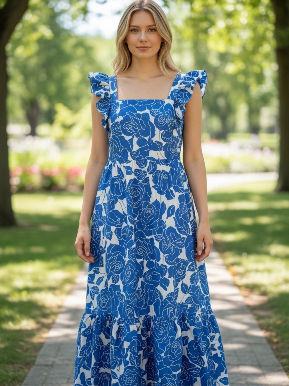 London Times Powder Blue and White Floral Ruffle-Shoulder Maxi Dress. Size 4.